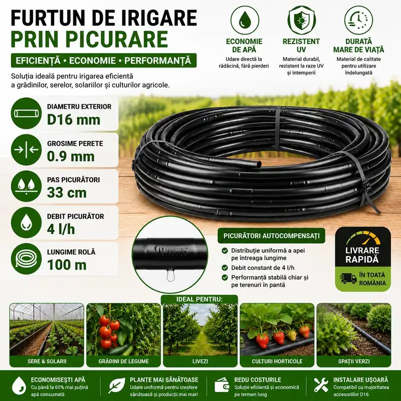 Furtun de Irigare prin Picurare D16 mm, 0.9 mm, 50 cm, 4 l/h, Rolă 100 m
